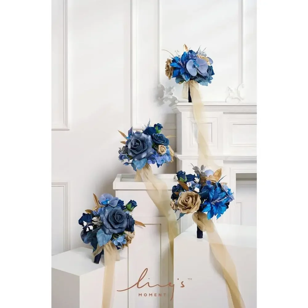 Ling's Moment Blue and Gold Bridesmaid Bouquet Set of 4,‎ Lilac Wedding Bouqu...